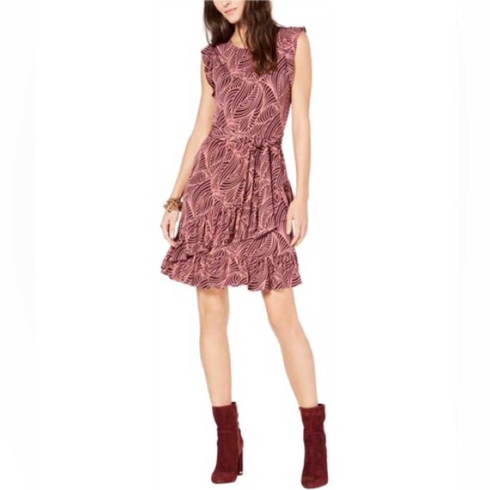 Michael Michael Kors Pink Abstract Print Tie Waist Ruffle Dress Large